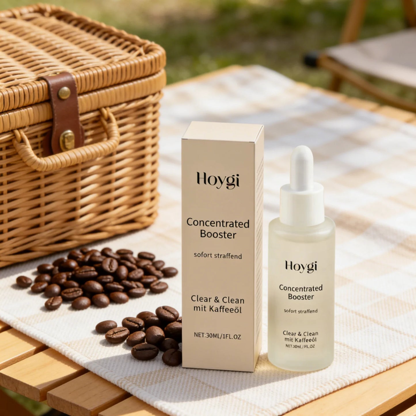 HOYGI — Coffee Oil Brightening Booster Serum — Brown glass dropper bottle on white background
