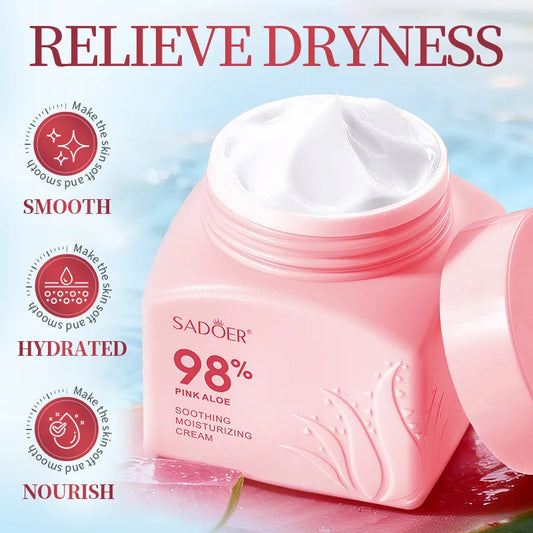 Pink jar of aloe vera moisturizing face cream with cream texture swatch and aloe leaf, skincare product.