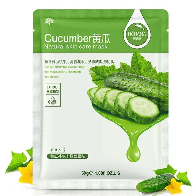 Stack of 30 moisturizing sheet face masks with olive, aloe vera and fruit extract for oil control and soothing hydration.