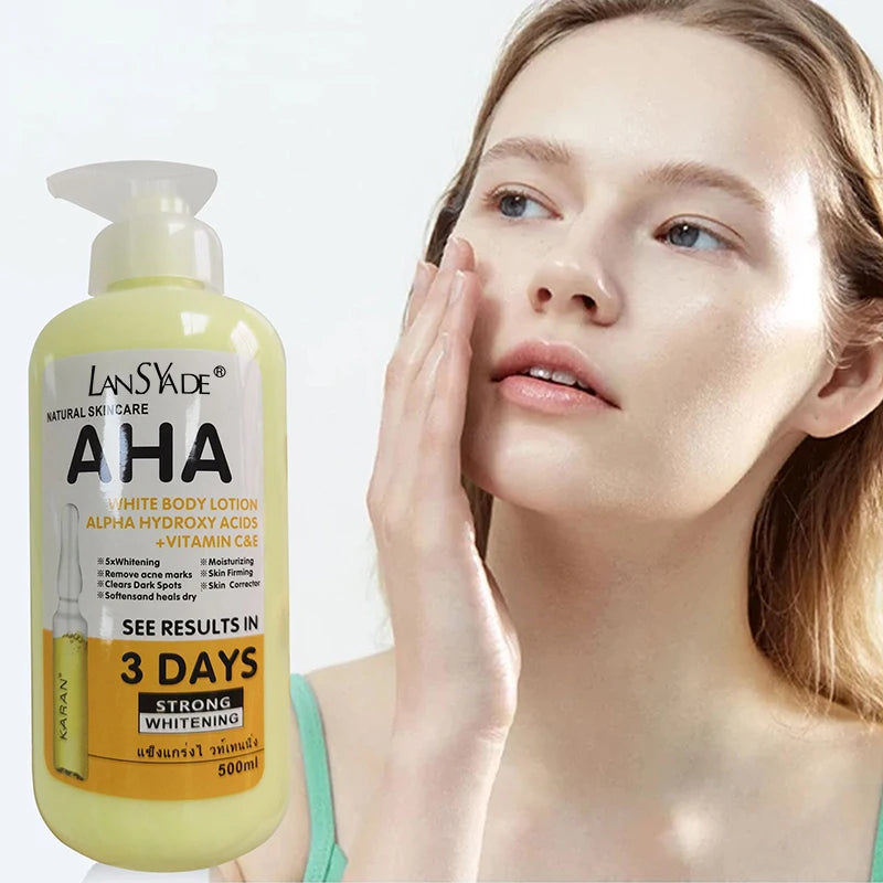 SkinSwaag Beauty LANSYADE AHA Vitamin C & E Whitening Body Lotion — AHA + vitamin C + vitamin E — ingredient list on packaging on white background