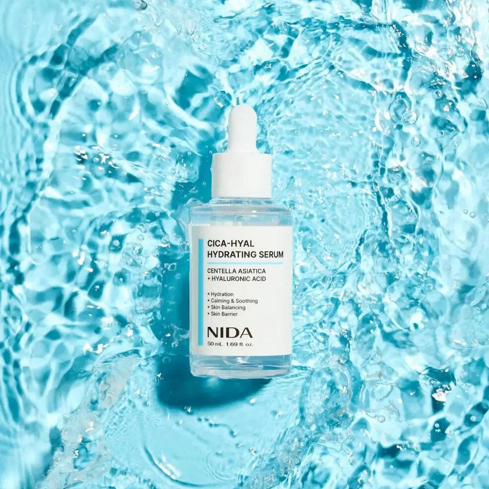 NIDA CICA-HYAL Deep Moisturizing Essence — CICA & Hyaluronic Acid — Clear dropper bottle with blue and white label on white background