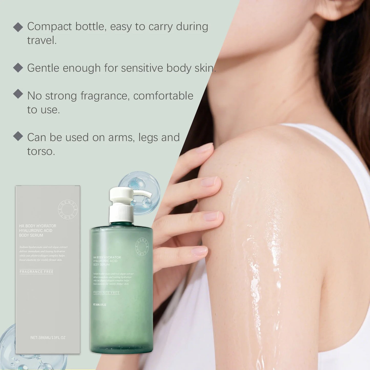 Hyaluronic acid body serum bottle with deep hydrating lotion