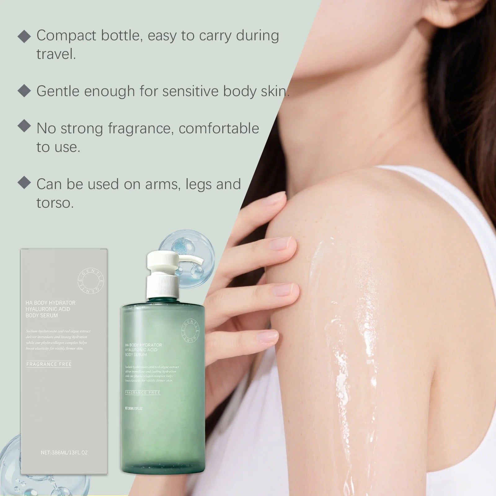 Hyaluronic acid body serum bottle with deep hydrating lotion