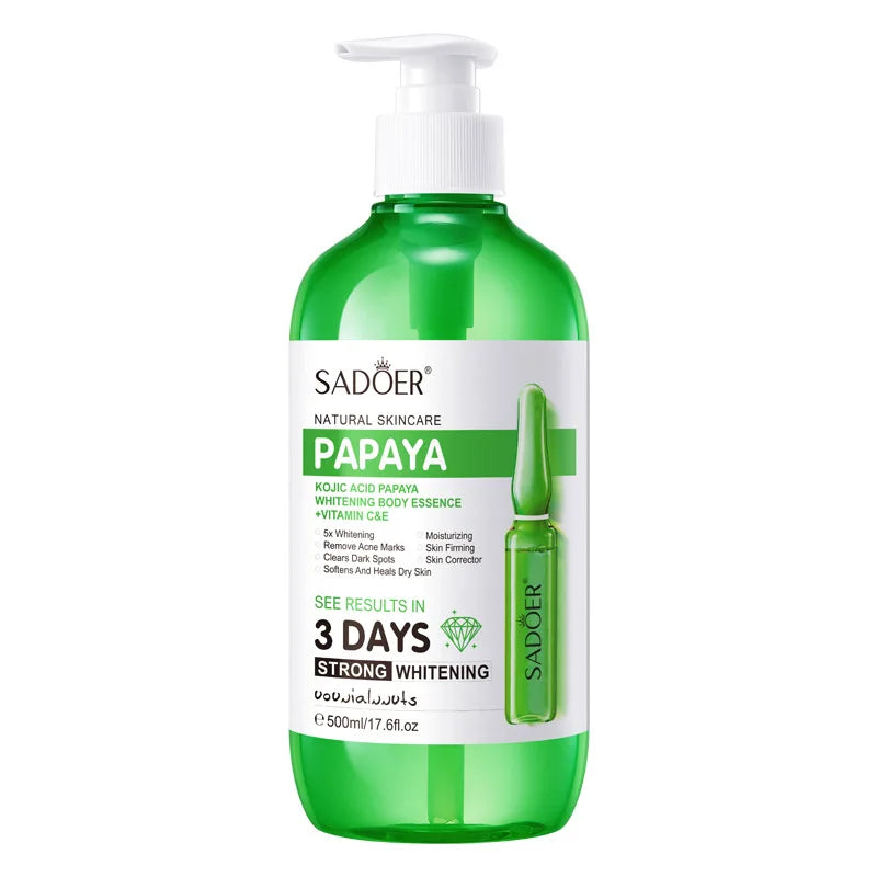 Bottle of AHA brightening body essence with pump, 500ml, for whitening and hydrating skin.