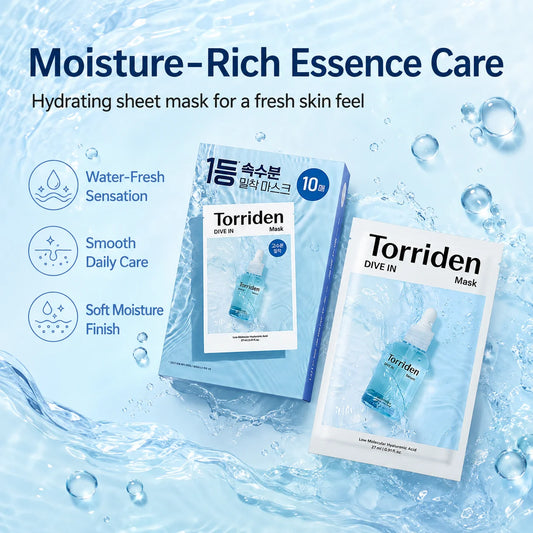 TORRIDEN DIVE-IN Low Molecular Hyaluronic Acid Facial Sheet Masks 10pcs – Deep Hydration, Soothing & Glass-Skin K-Beauty Mask