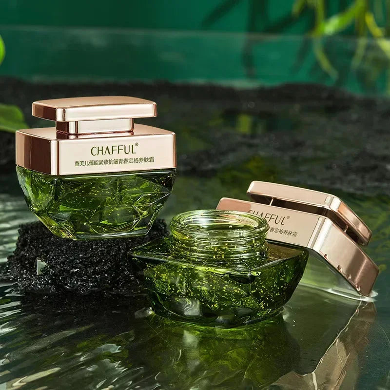 Plant caviar collagen firming face cream jar on white background