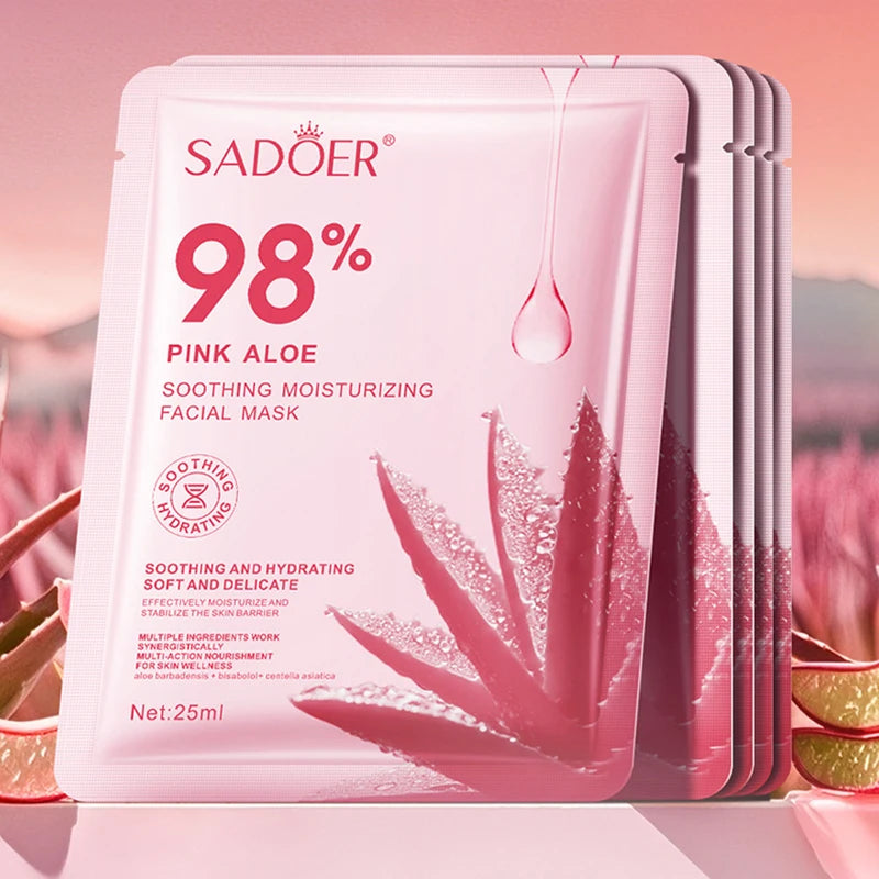 Pink aloe hydrating nourishing sheet mask with aloe vera leaf and water drops