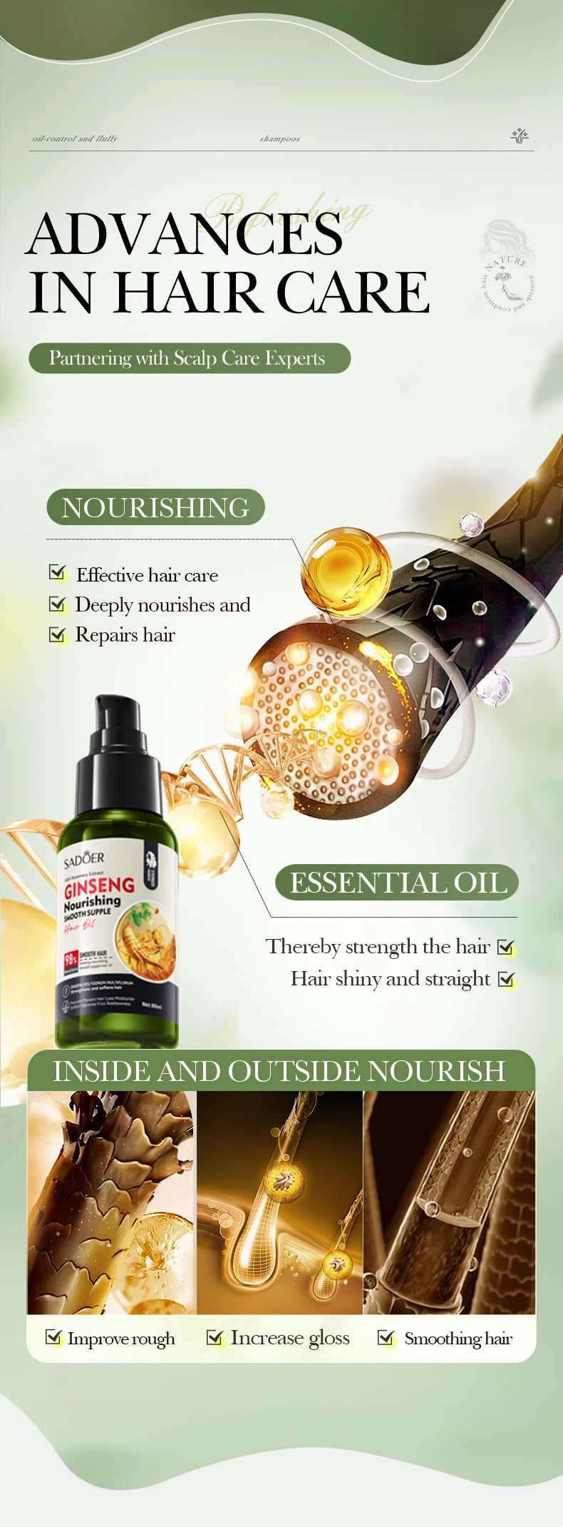Dropper bottle of ginseng hair oil for scalp nourishment and hair growth