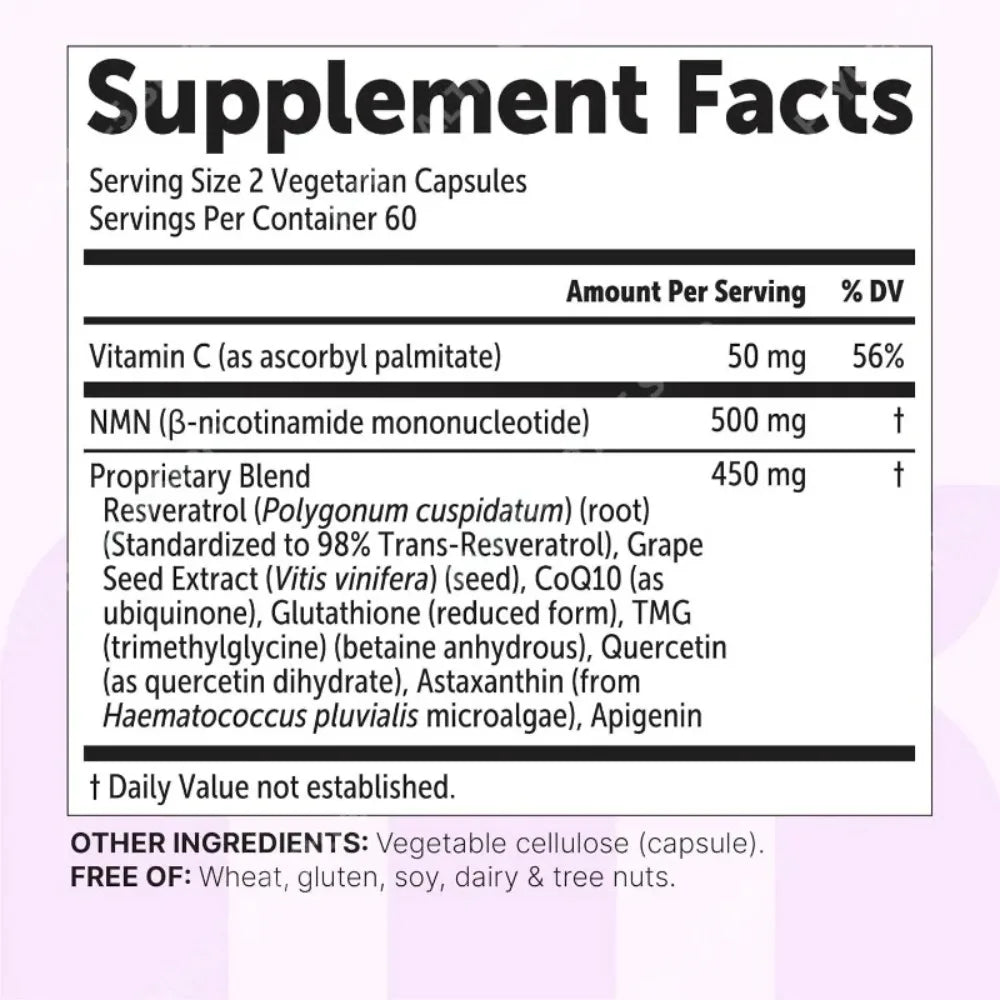 Bottle of NMN capsules with resveratrol, CoQ10 and vitamin C supplement