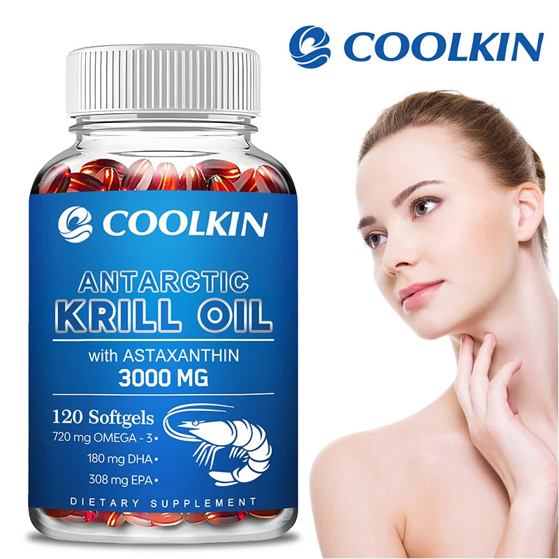 SkinSwaag Beauty COOLKIN Antarctic Krill Oil 3000mg — omega-3 EPA DHA + astaxanthin — supplement bottle front view on white background
