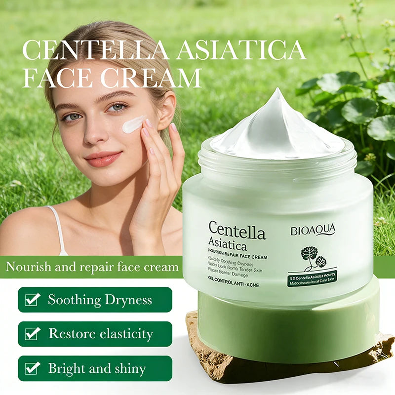 Centella asiatica acne-soothing face cream in a white jar, shown with fresh green leaves and cream texture