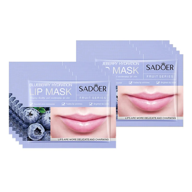 SADOER Fruit & Collagen Crystal Gel Lip Mask — Collagen & Fruit Extract — Model applying lip patch in mirror