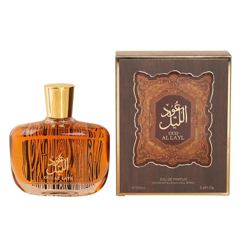 Glass bottle of oud wood and sandalwood eau de toilette, warm spicy woody unisex fragrance, 100ml
