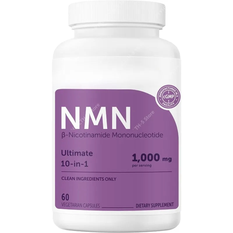 Bottle of NMN capsules with resveratrol, CoQ10, and vitamin C, 120 count