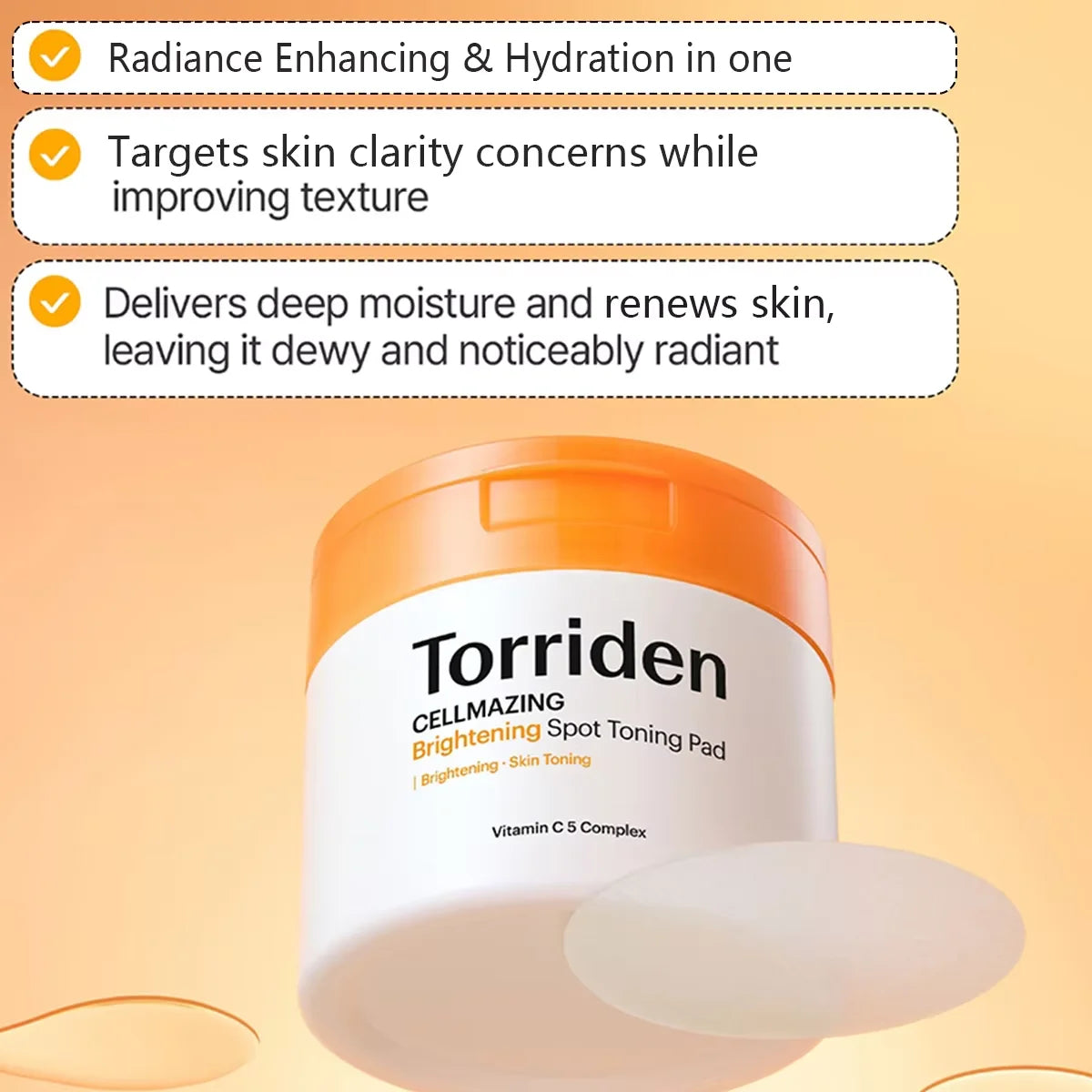 Vitamin C brightening toner pads container with 70 pre-soaked pads for skin balancing and refining