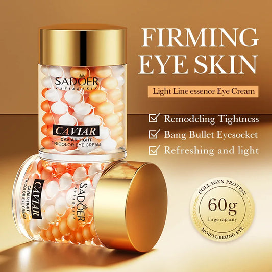 Eye cream product showing dark blue and gold jar with caviar collagen formula for dark circles and eye bags