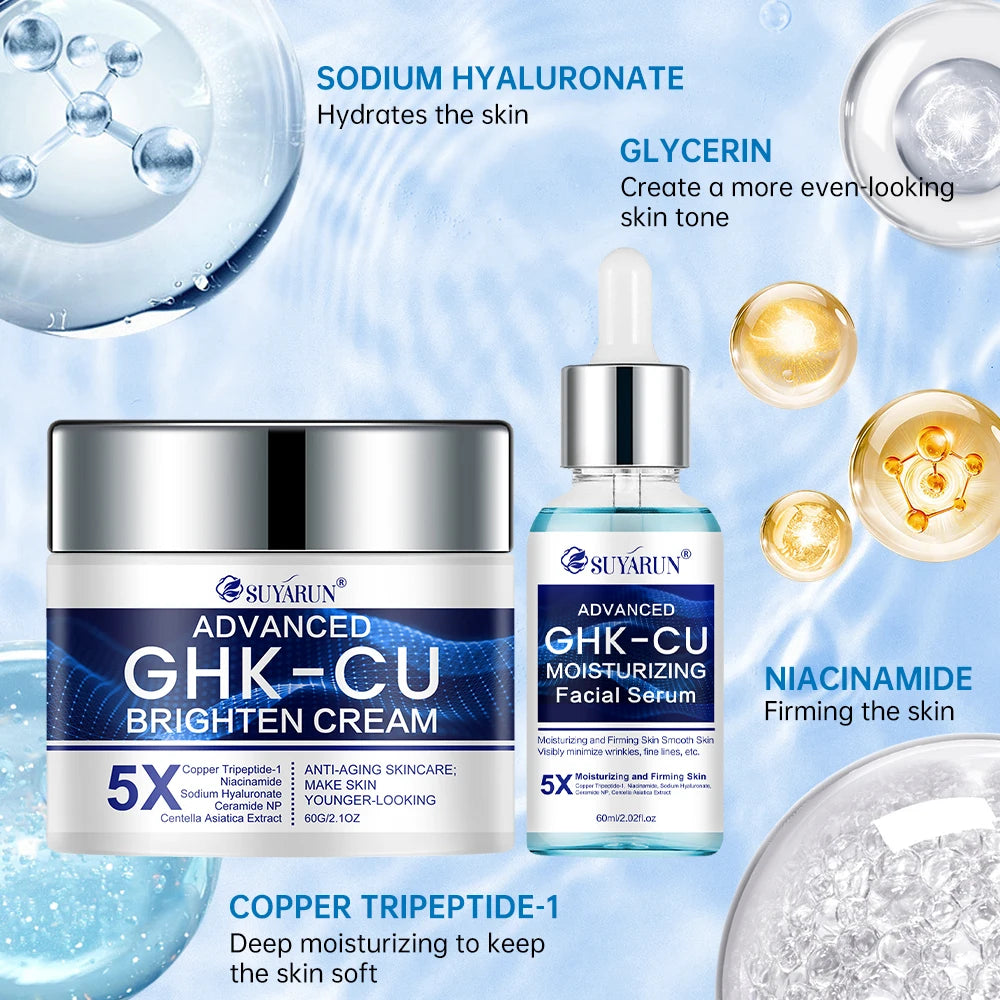 SkinSwaag Beauty SUYARUN GHK-CU Copper Peptide Firming Face Cream & Serum Duo — copper peptide GHK-CU — serum bottle detail on white background