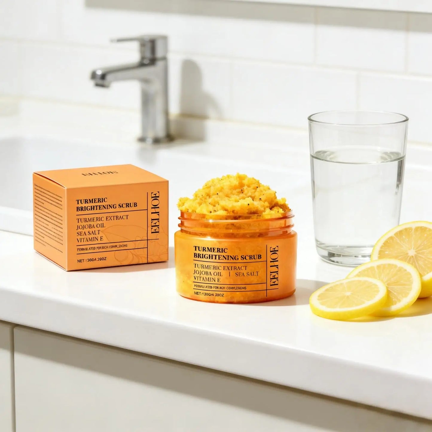 EELHOE Turmeric & Sea Salt Body Scrub — Turmeric & Jojoba Oil — Application on body skin with circular motion