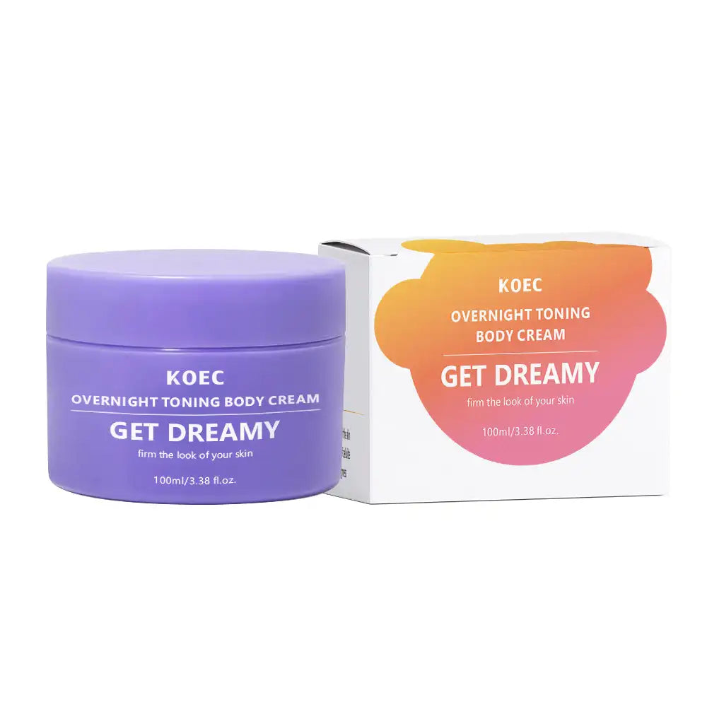 KOEC Overnight Body Cream — shea butter + lavender + coconut — jar with box flat lay