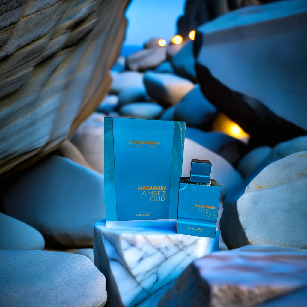 HARAMMAN Amber Oud Aqua Extrait — amber + oud + aquatic — fragrance box with branding