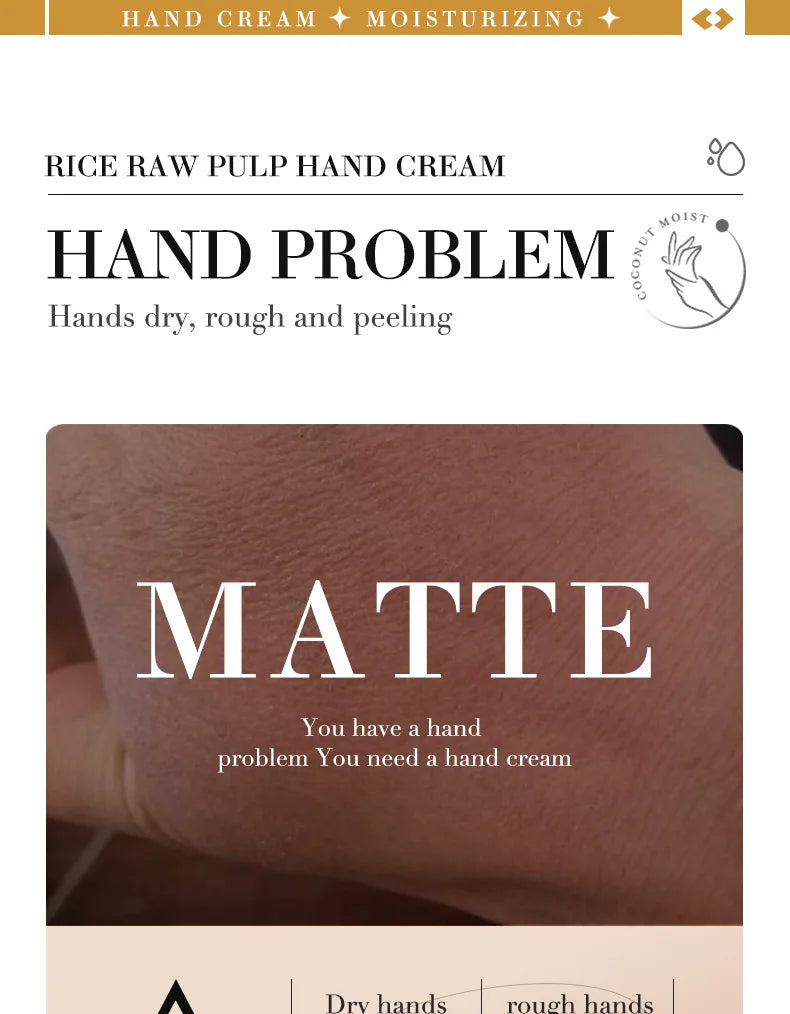 White rice hand cream tube for whitening, moisturizing, nourishing, and anti-aging hand care.