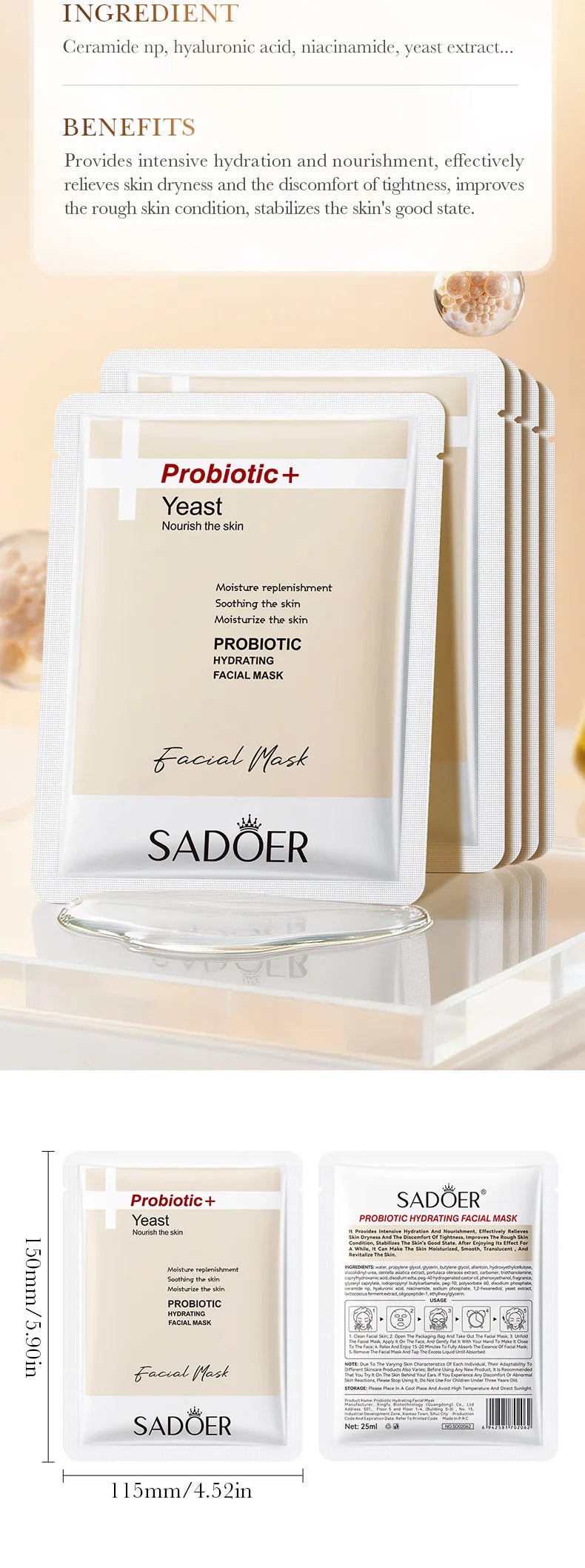 Single-use face mask sheet enriched with hyaluronic acid, niacinamide, and probiotics for skin hydration.