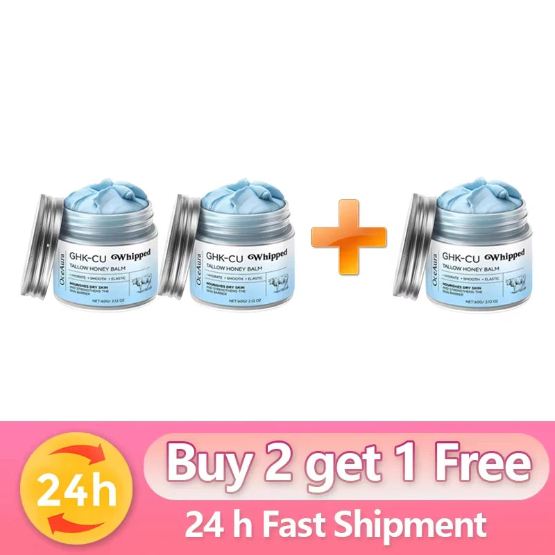 OUHOE Copper Peptide Manuka Honey Blue Balm — Copper Peptide & Manuka Honey — Side angle view of jar and lid detail