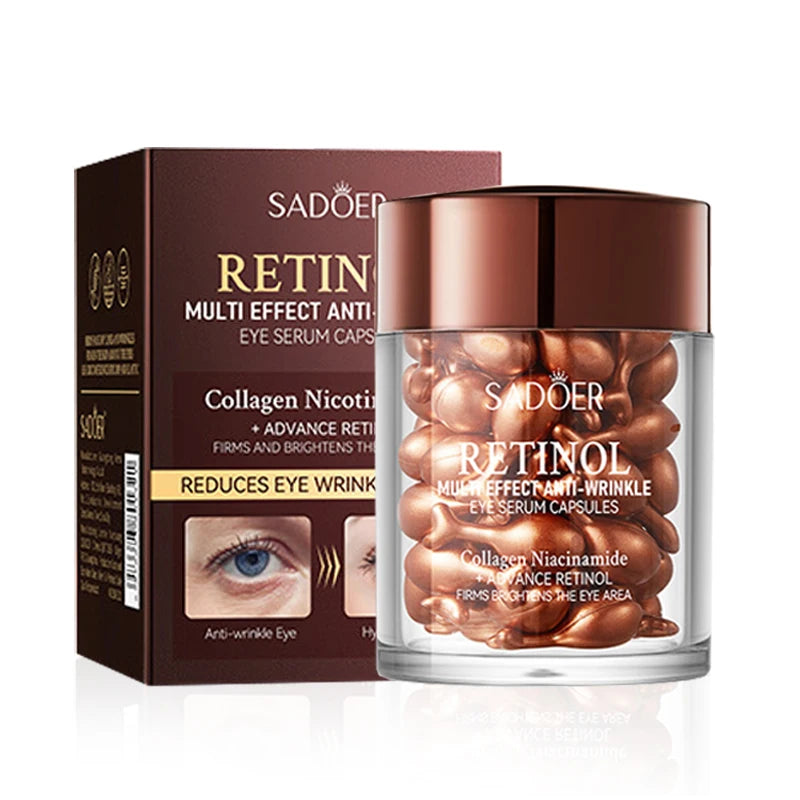 Firming eye serum bottle with retinol and peptide formula targeting dark circles