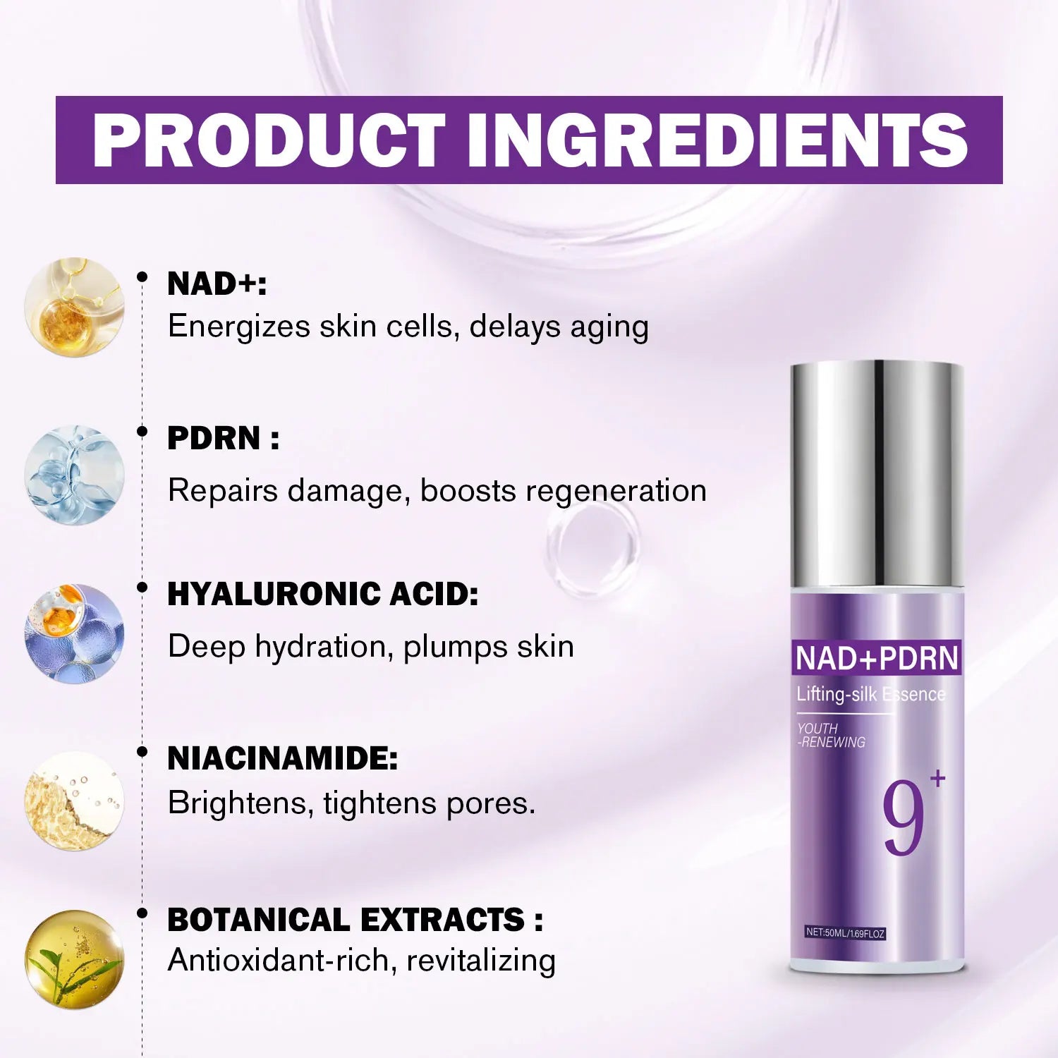 SkinSwaag Beauty NAD+ PDRN — Lifting & Silk — Silk essence texture with golden shimmer