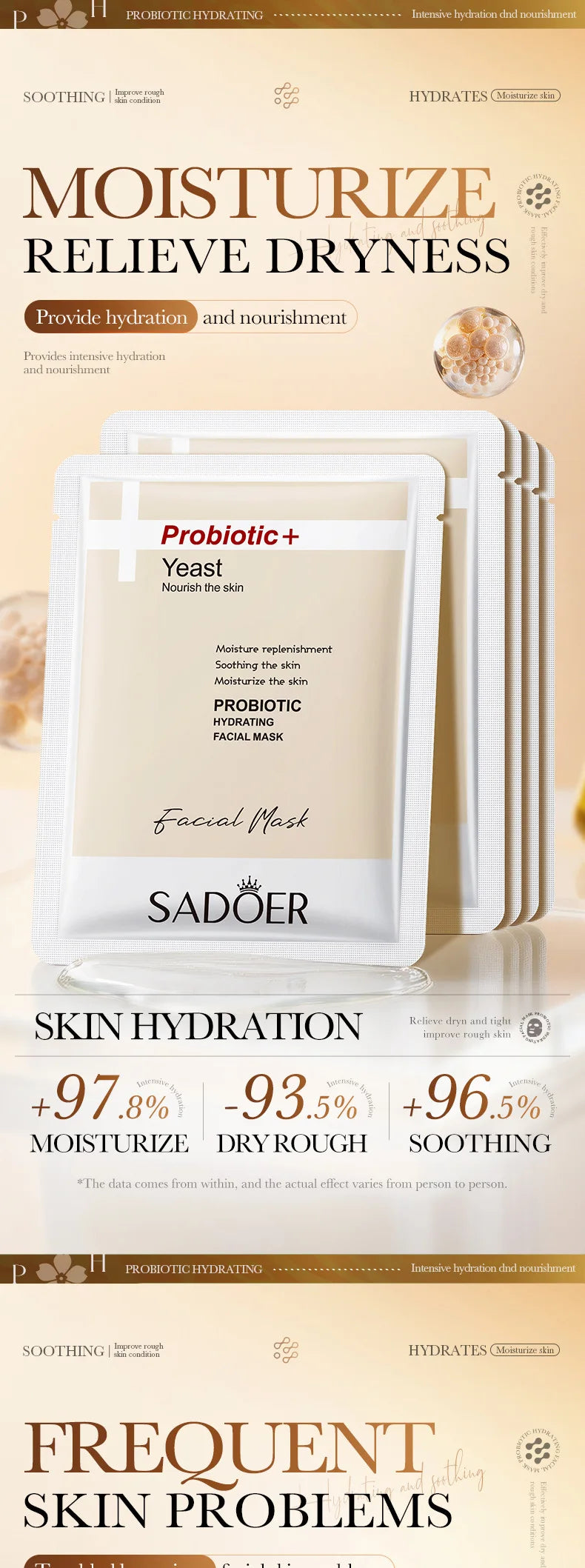 Single-use sheet mask packet with probiotic, hyaluronic acid, and niacinamide for facial skincare.