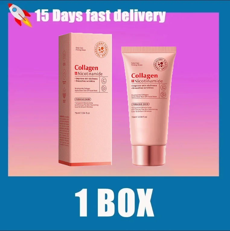 Peel-off facial mask with nicotinamide and collagen for anti-wrinkle, lifting, firming, hydrating, and brightening care.