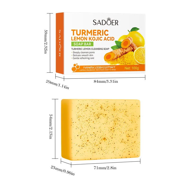 Turmeric and kojic acid brightening handmade soap bar on a neutral background.