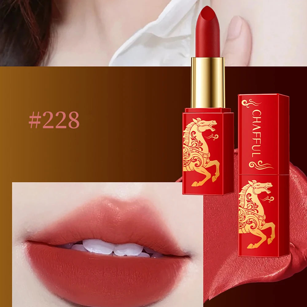Matte waterproof long-lasting lipstick in open tube showing color