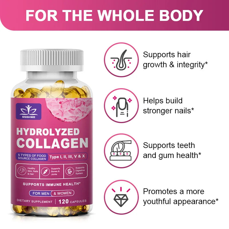 SkinSwaag Beauty SNGHWE Hydrolyzed Collagen Capsules — hydrolyzed collagen + hyaluronic acid — bottle opened showing capsules on white background