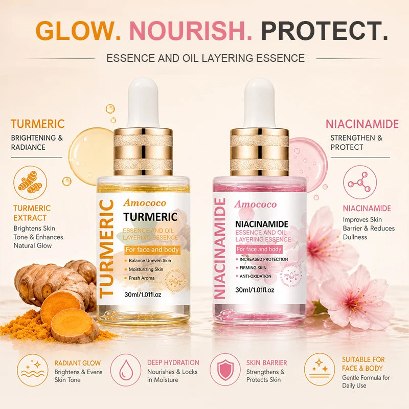 Two 30ml bottles of turmeric niacinamide serum oil with layered water-oil essence for face and body