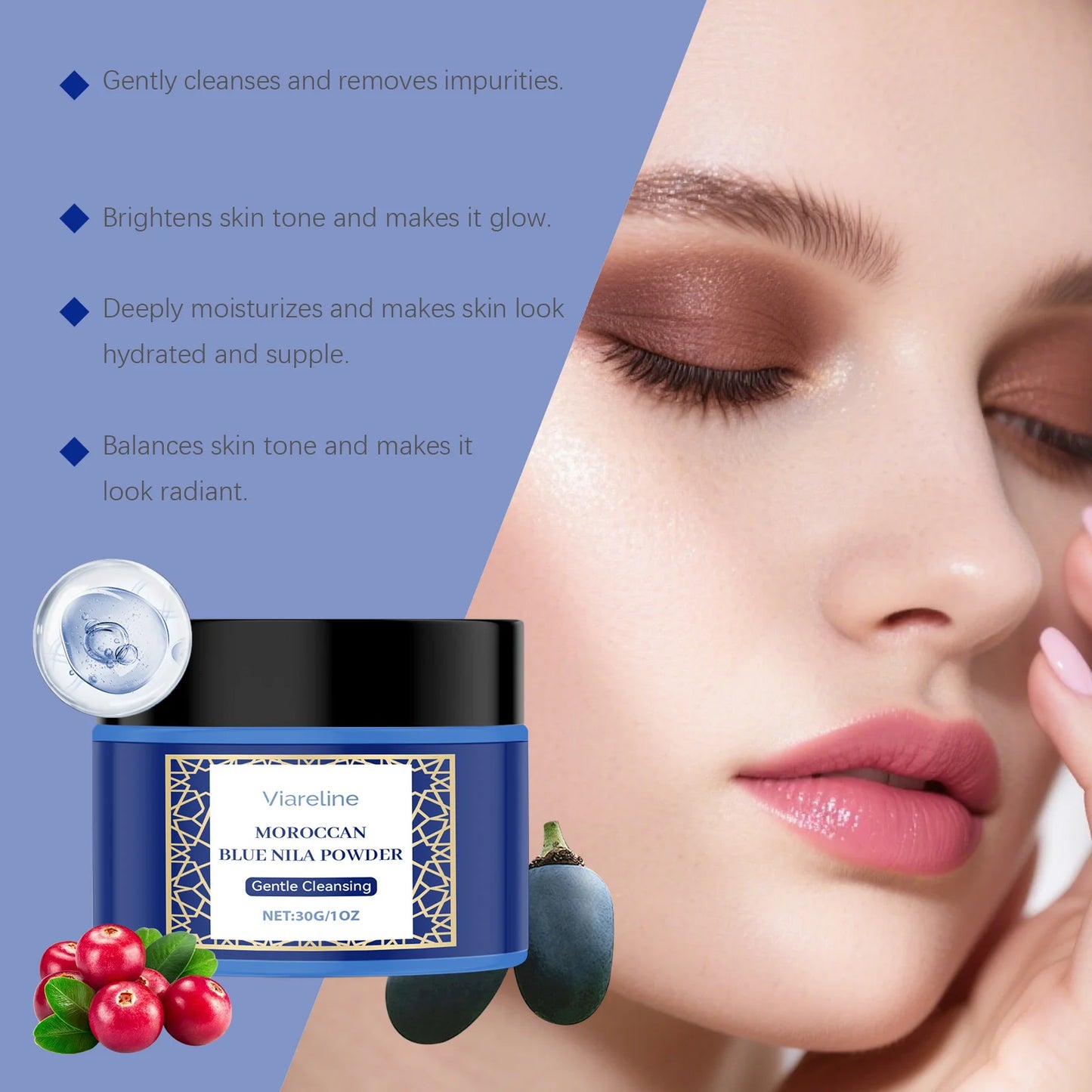 Brightening facial mask powder jar with scoop on a light background