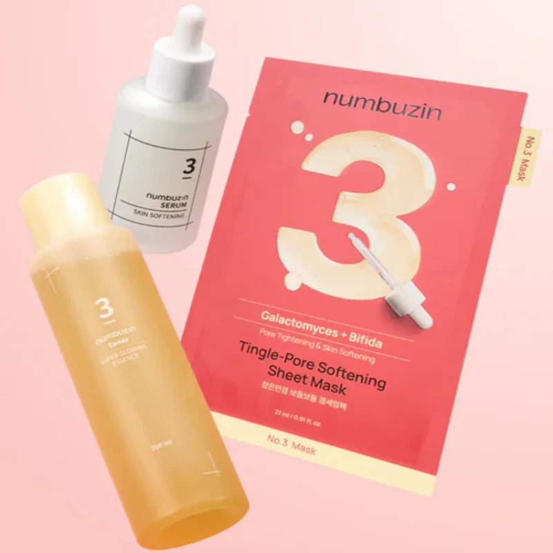 Pore care skincare set with glowing essence, facial serum, and sheet masks
