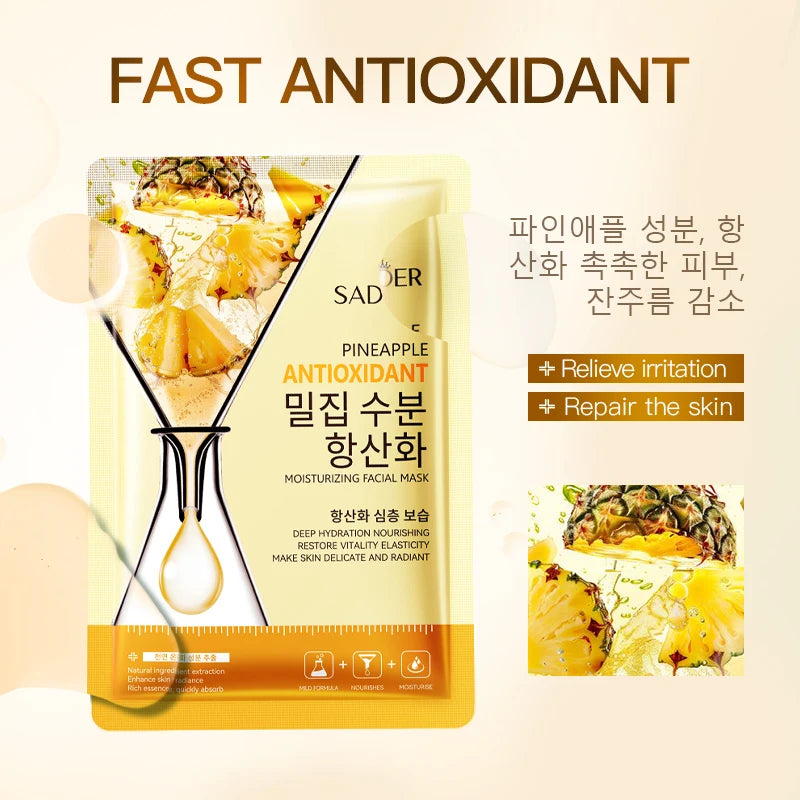 Eight fruit extract sheet masks for hydrating, brightening and firming facial care.