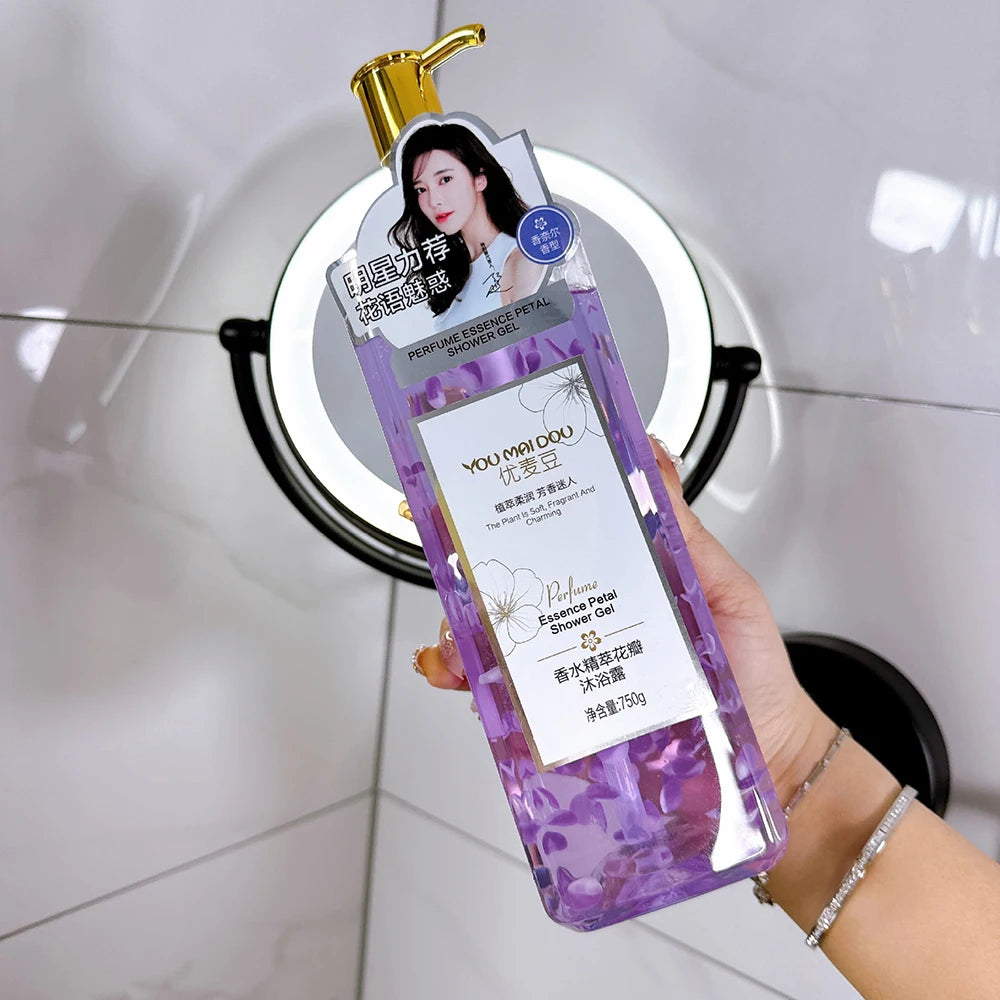 Bottle of mango peach bubble shower gel with bubbly lather
