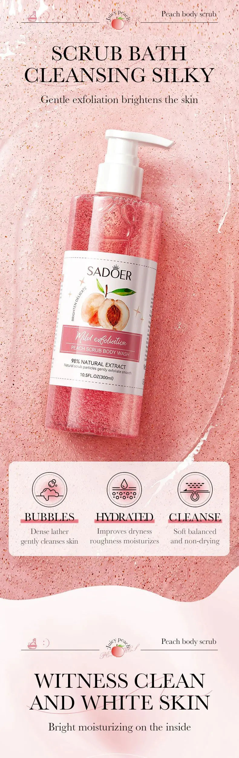 SADOER Peach Fruit Body Scrub Shower Gel