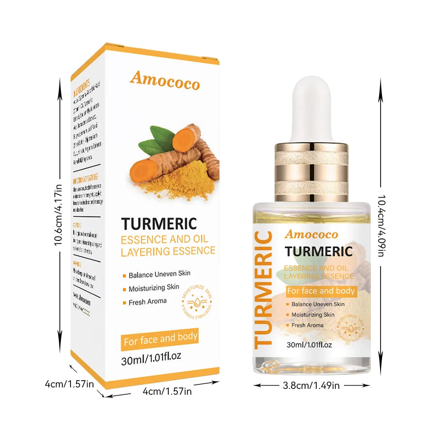 Two 30ml bottles of turmeric niacinamide serum oil with layered water-oil essence for face and body
