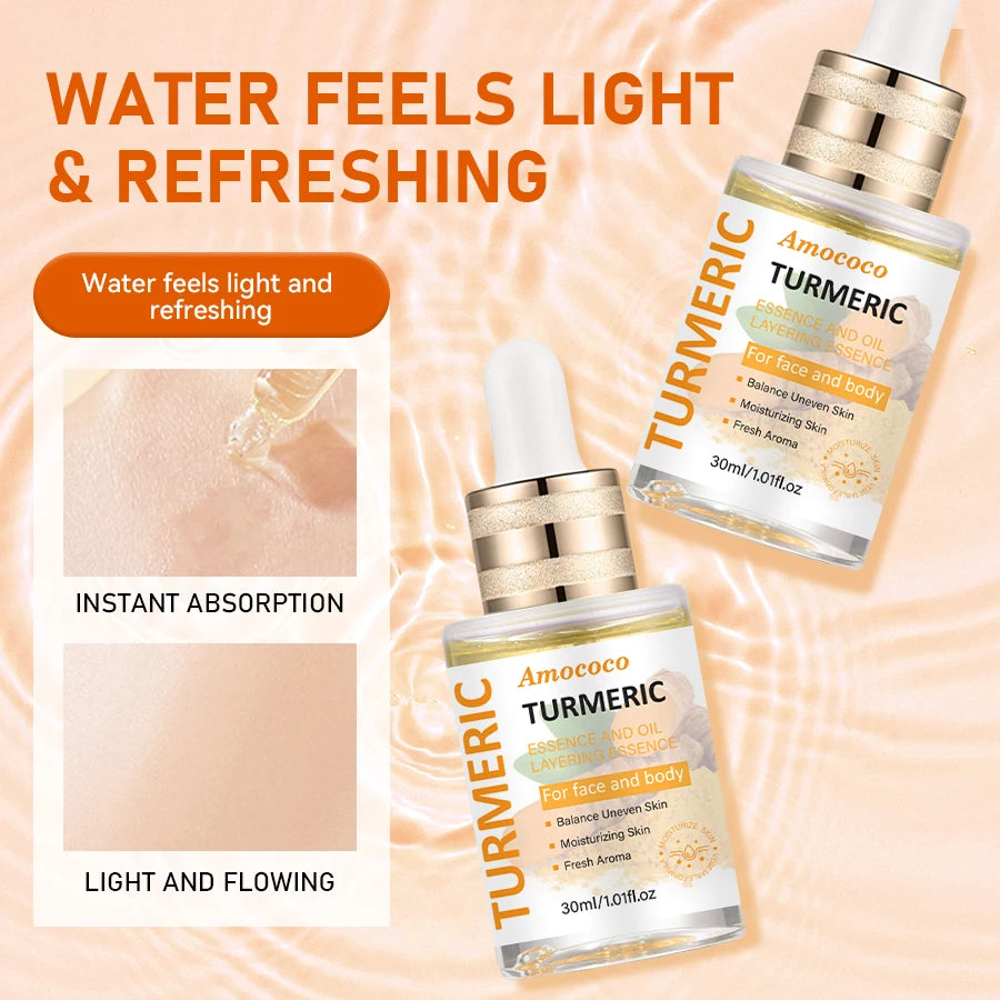 Two bottles of turmeric niacinamide serum oil with vitamin C and hyaluronic acid for face and body