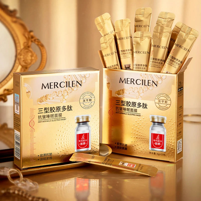MERCILEN Collagen Polypeptide Overnight Sleeping Mask — Collagen & Polypeptide — Gold box with individual sachets on white background
