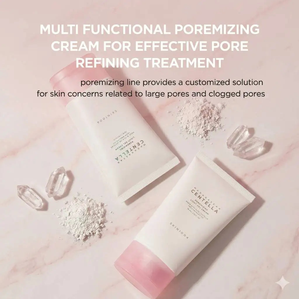 Pore-minimizing skincare set containing toner, ampoule, gel cream, and face wash cleanser displayed together
