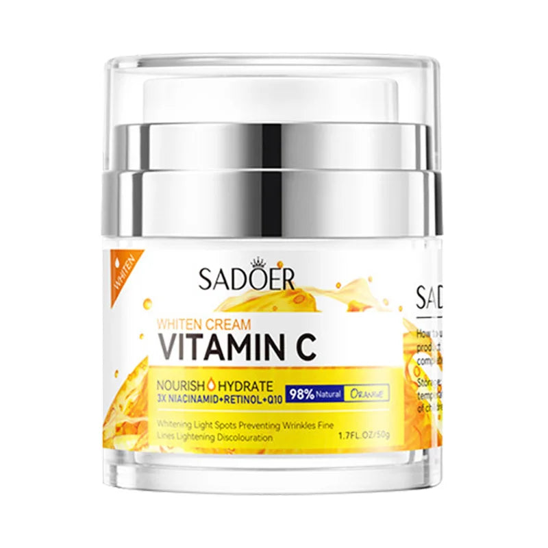 Vitamin C collagen firming hydrating day cream in a white jar with orange accents.