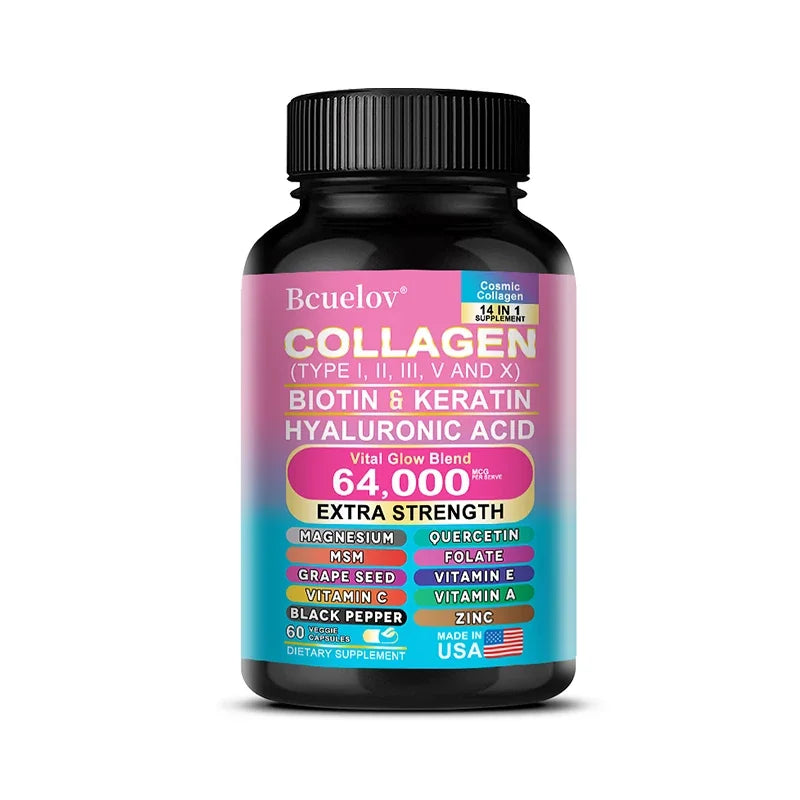 Bcuelov 14-in-1 Collagen Biotin & Hyaluronic Acid Supplement — collagen + biotin + hyaluronic acid — batch code on packaging on white background