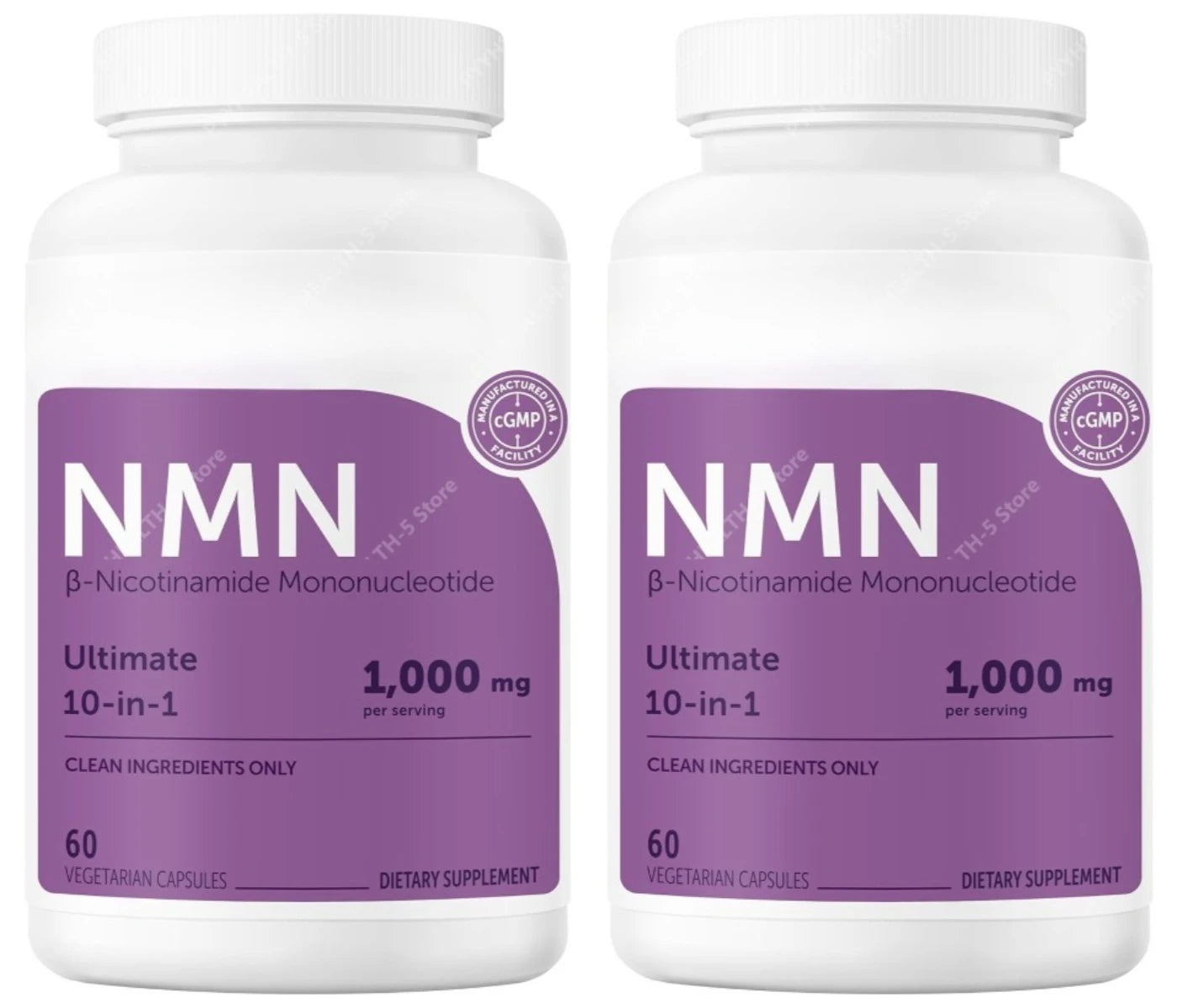 Bottle of NMN capsules with resveratrol, CoQ10, and vitamin C supplement label
