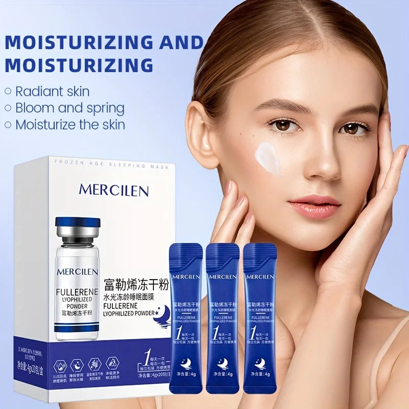 MERCILEN Fullerene Sleeping Facial Mask — Fullerene & Lyophilized Powder — Single sachet and mask sheet detail