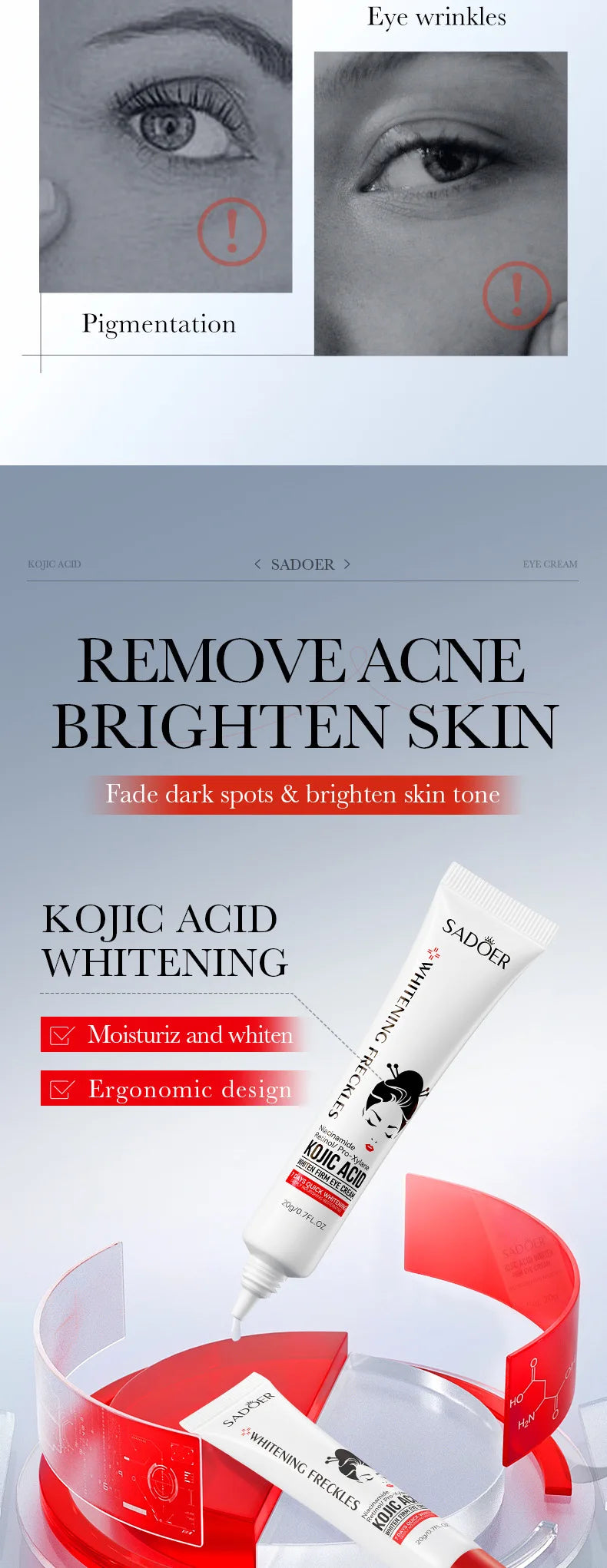 Two travel-size tubes of kojic acid face cream and eye cream in a set