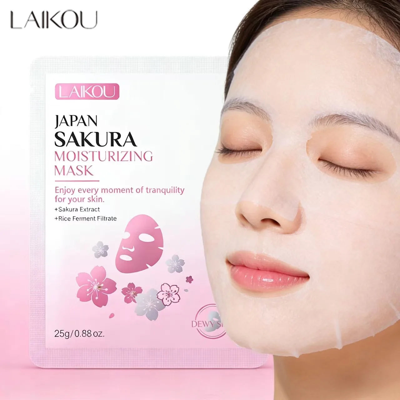 Sheet mask packet with cherry blossom flower and moisture droplets